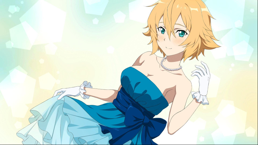 1girl aqua_eyes blonde_hair blue_bow blue_dress blush bow breasts cleavage collarbone dress frilled_skirt frills game_cg gloves hair_between_eyes highres jewelry layered_dress looking_at_viewer medium_breasts necklace official_art philia_(sao) short_hair skirt skirt_hold sleeveless sleeveless_dress smile solo standing sword_art_online:_fatal_bullet white_gloves