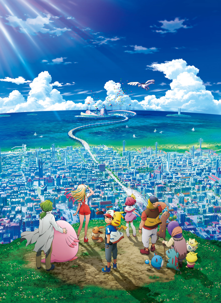 3boys 4girls arm_behind_head arm_up black_shirt blonde_hair blue_footwear blue_gloves blue_hat blue_sky bow bracelet brown_pants chansey clouds day eevee fingerless_gloves floating_hair from_above full_body gloves green_hair grey_pants hair_bow hat highres hisui_(pokemon) jacket jewelry kagachi_(pokemon) key_visual labcoat looking_at_viewer looking_back low_ponytail lugia marill multicolored_hair multiple_boys multiple_girls ocean official_art open_clothes open_jacket outdoors panties pants pikachu pink_skirt pokemon pokemon:_minna_no_monogatari pokemon_(anime) purple_hat rarugo_(pokemon) red_footwear red_shirt red_shorts redhead risa_(pokemon) satoshi_(pokemon) shirt shoes short_hair short_ponytail short_shorts short_sleeves shorts skirt sky smoochum socks standing sudowoodo sunlight suspender_shorts suspenders thigh-highs togepi torito_(pokemon) totodile town underwear visor_cap white_legwear white_panties yellow_bow