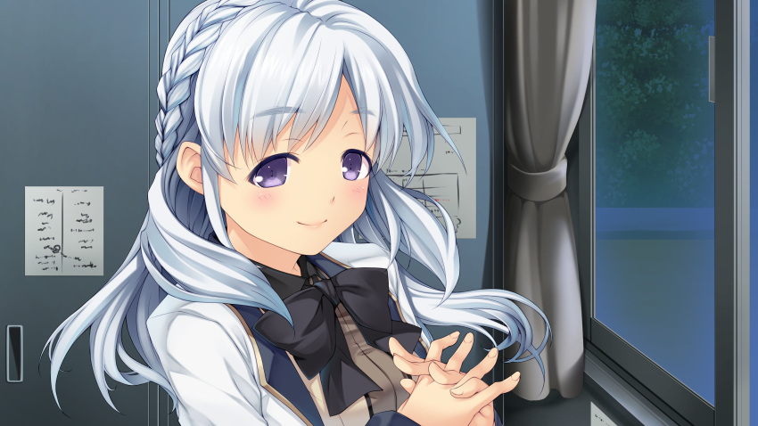 1girl absurdres black_neckwear blush bow bowtie braid curtains eyebrows_visible_through_hair game_cg hands_together harem_tengoku_da_to_omottara_yandere_jigoku_datta highres hiiro_yuki indoors interlocked_fingers locker long_hair looking_at_viewer miyasu_sayuri night school_uniform silver_hair smile solo violet_eyes window