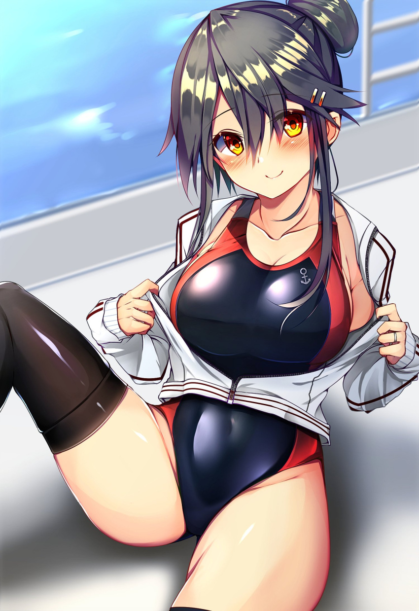 1girl alternate_costume alternate_hairstyle anchor_symbol black_hair black_legwear black_swimsuit blush breasts cleavage closed_mouth collarbone competition_swimsuit double_vertical_stripe eyebrows_visible_through_hair hair_bun hair_ornament hairclip haruna_(kantai_collection) head_tilt highres jacket jewelry kantai_collection knee_up large_breasts long_sleeves multicolored multicolored_eyes one-piece_swimsuit open_clothes open_jacket partially_unzipped pool poolside red_eyes ring shiny shiny_clothes shiny_hair shiny_skin sidelocks sitting skin_tight sleeves_past_wrists smile solo swimsuit tareme thigh-highs thighs track_jacket tsukui_kachou undressing water wedding_band white_jacket yellow_eyes zipper