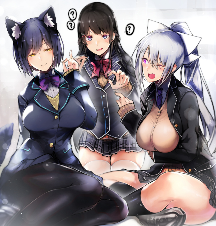 3girls ? animal_ears arm_behind_back bangs black_blazer black_hair black_legwear blazer blue_blazer blue_eyes blue_hair blue_neckwear blush bow bowtie braid breast_hold breasts brown_sweater cat_ears character_request closed_mouth collared_shirt commentary_request eyebrows_visible_through_hair fang hair_bow hair_ornament hairclip hand_gesture hand_up highres indian_style jacket kneehighs large_breasts long_hair long_sleeves looking_at_viewer mole mole_under_eye multiple_girls necktie nishiide_kengorou one_eye_closed open_blazer open_clothes open_jacket open_mouth pantyhose plaid plaid_skirt pleated_skirt ponytail purple_neckwear red_neckwear school_uniform seiza shirt shizuka_rin shoes short_hair silver_hair sitting skirt smile speech_bubble tearing_up thigh-highs thighs tsukino_mito unbuttoned very_long_hair violet_eyes virtual_youtuber white_bow white_legwear white_shirt yellow_eyes yokozuwari zettai_ryouiki