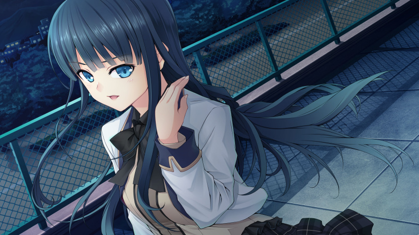 1girl absurdres bangs black_hair black_neckwear blue_eyes blunt_bangs bow bowtie chain-link_fence dutch_angle eyebrows_visible_through_hair fence game_cg harem_tengoku_da_to_omottara_yandere_jigoku_datta highres hiiro_yuki long_hair looking_at_viewer night open_mouth plaid plaid_skirt pleated_skirt rooftop school_uniform skirt solo toutomi_kanna tree