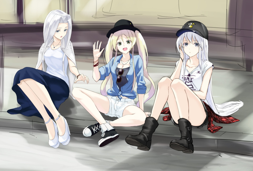 3girls aiu_eo alternate_costume azur_lane bangs baseball_cap black_footwear black_hat black_skirt blonde_hair blue_jacket blue_skirt boots bowler_hat breasts casual cleavage clothes_around_waist commentary_request contemporary enterprise_(azur_lane) eyebrows_visible_through_hair green_eyes hair_spread_out hand_on_own_cheek hat highres hornet_(azur_lane) jacket jewelry knees_together_feet_apart legs_together long_hair looking_at_another looking_at_viewer miniskirt multiple_girls necklace on_ground open_mouth outdoors outstretched_arm parted_bangs plaid plaid_shirt red_shirt shirt shirt_around_waist short_shorts shorts siblings silver_hair sisters sitting skirt straight_hair sunglasses t-shirt twintails very_long_hair violet_eyes waving_arm white_shorts yorktown_(azur_lane)