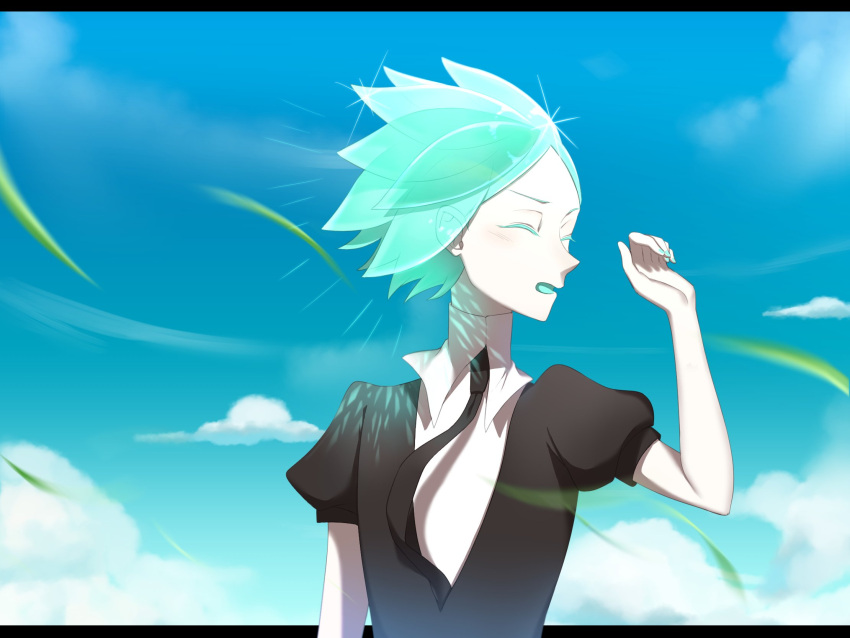 androgynous blue_sky closed_eyes clouds colored_eyelashes gem_uniform_(houseki_no_kuni) green_hair highres houseki_no_kuni letterboxed necktie neku_(nagisaniigawa) phosphophyllite short_hair sky smile solo sparkle upper_body