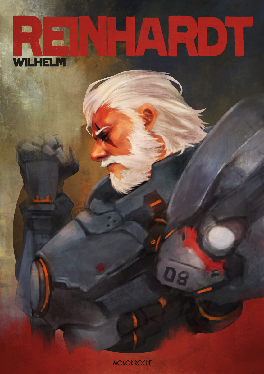 1boy absurdres armor artist_name beard character_name facial_hair from_side grey_hair highres looking_to_the_side monori_rogue old_man overwatch pommel reinhardt_(overwatch) scar serious solo upper_body