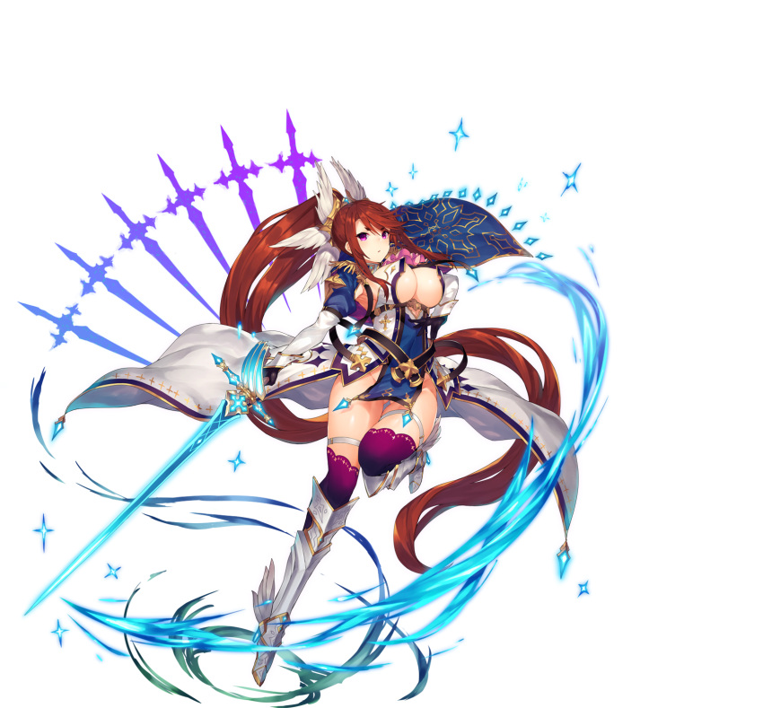 1girl belt boots breasts brown_hair cape cleavage cleavage_cutout elbow_gloves epaulettes eyebrows_visible_through_hair feathers full_body gloves glowing glowing_weapon hair_ornament high_heels highres holding holding_weapon inayama ingrid_(sennen_sensou_aigis) large_breasts long_hair no_panties official_art one_leg_raised pelvic_curtain ponytail purple_legwear sennen_sensou_aigis solo sword thigh-highs thigh_boots transparent_background very_long_hair violet_eyes weapon
