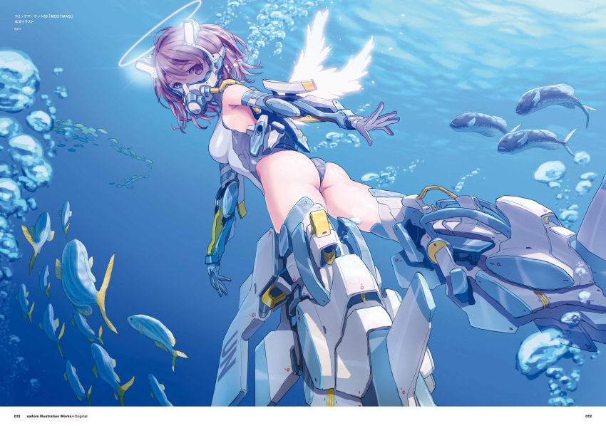 1girl air_bubble armor armored_boots artist_name ass bad_id bad_yandere_id blue boots bubble copyright_name day feathered_wings fish hair_between_eyes halo highres leotard looking_at_viewer looking_back original outdoors page_number purple_hair saitou_masatsugu short_hair solo underwater violet_eyes white_wings wings