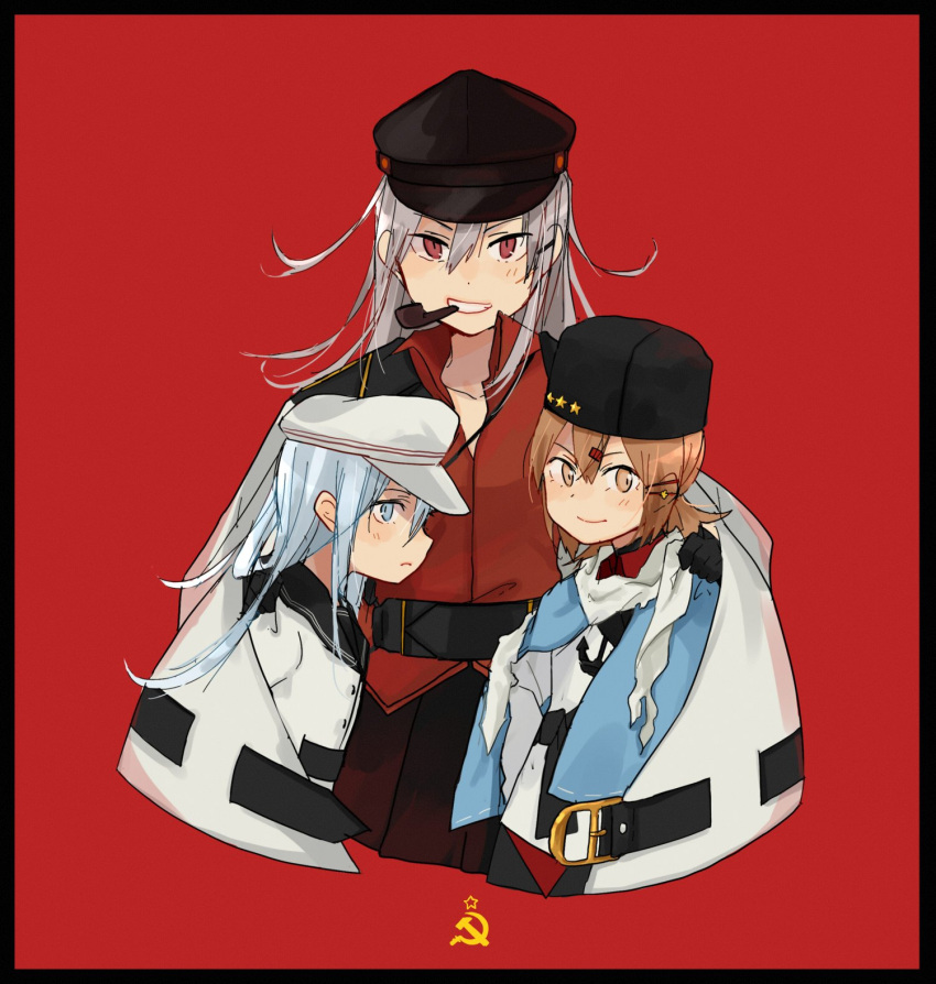 3girls annin_musou black_hat black_sailor_collar black_skirt blue_eyes brown_eyes commentary_request facial_scar flat_cap gangut_(kantai_collection) grey_hair grin hair_ornament hairclip hammer_and_sickle hat hibiki_(kantai_collection) highres kantai_collection long_hair looking_at_viewer mouth_hold multiple_girls peaked_cap pipe red_background red_eyes red_shirt sailor_collar scar scar_on_cheek school_uniform serafuku shirt silver_hair skirt smile tashkent_(kantai_collection) verniy_(kantai_collection)