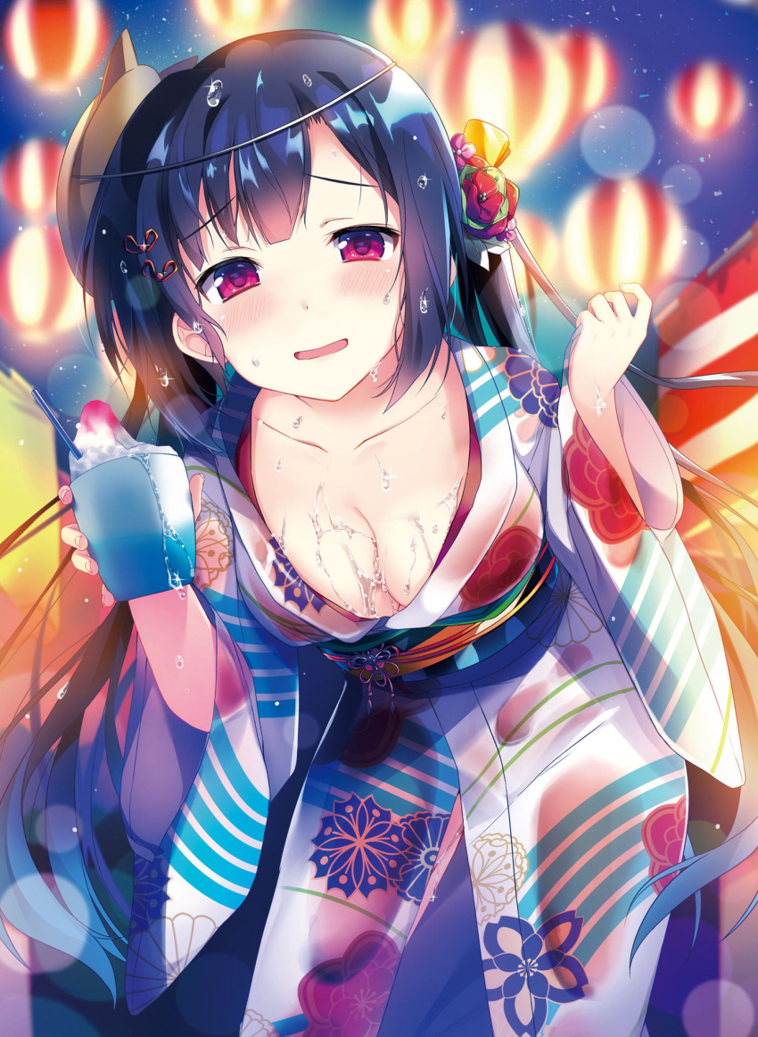 1girl black_hair blush eyebrows_visible_through_hair festival floating_hair floral_print flower hair_flower hair_ornament highres holding japanese_clothes kaniya_shiku kimono leaning_forward long_hair looking_at_viewer night open_clothes open_kimono open_mouth original outdoors red_eyes red_flower shaved_ice solo very_long_hair water wet yukata