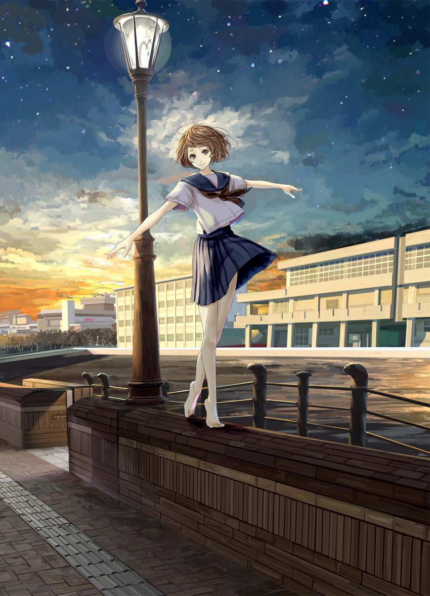 1girl balancing bangs bare_legs barefoot black_neckwear black_skirt blue_sailor_collar brown_eyes brown_hair building chef_no_kimagure_salad city closed_mouth clouds commentary copyright_request gradient_sky highres lamppost looking_at_viewer morning neckerchief official_art outstretched_arms pleated_skirt railing sailor_collar school school_uniform serafuku shirt short_hair short_sleeves sidewalk skirt sky smile solo spread_arms star_(sky) starry_sky sunrise tiptoes twilight walking white_shirt