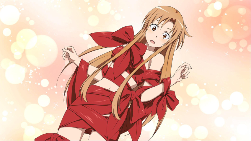 1girl asuna_(sao) breasts brown_eyes brown_hair cowboy_shot dutch_angle embarrassed game_cg highres lens_flare long_hair medium_breasts midriff naked_ribbon navel official_art open_mouth red_ribbon ribbon shiny solo standing stomach sword_art_online:_fatal_bullet very_long_hair