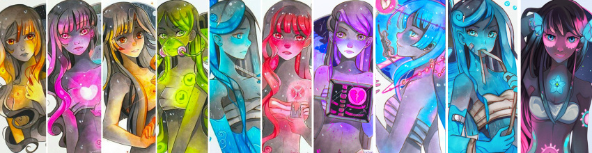 6+girls aqua_eyes asymmetrical_hair bandage bangs bikini_top black_hair blunt_bangs bone breasts broken_heart candle collarbone commentary curly_hair eyelashes facial_mark fire flower glowing_heart green_eyes hair_censor hair_flower hair_ornament hand_in_hair heart highres holding_bandages holding_candle larienne long_hair looking_away mouth_hold multicolored_hair multiple_girls night night_sky nude orange_eyes original oxygen_mask parted_bangs pink_eyes profile red_eyes sidelocks simple_background sky small_breasts spine star_(sky) starry_sky swept_bangs traditional_media violet_eyes white_background x-ray