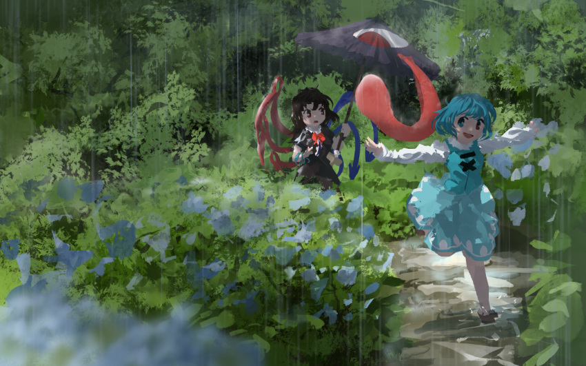 2girls :d asymmetrical_wings black_dress black_hair blue_eyes blue_hair blue_skirt blue_vest blue_wings bow bowtie brown_footwear cross-laced_clothes dress flower forest full_body geta heterochromia houjuu_nue karakasa_obake long_sleeves multiple_girls nature open_mouth outdoors outstretched_arms plant purple_umbrella rain red_bow red_bowtie red_eyes red_wings shirt short_hair skirt smile snake_armband tatara_kogasa tongue touhou umbrella ushitsuchi vest white_flower white_shirt wings