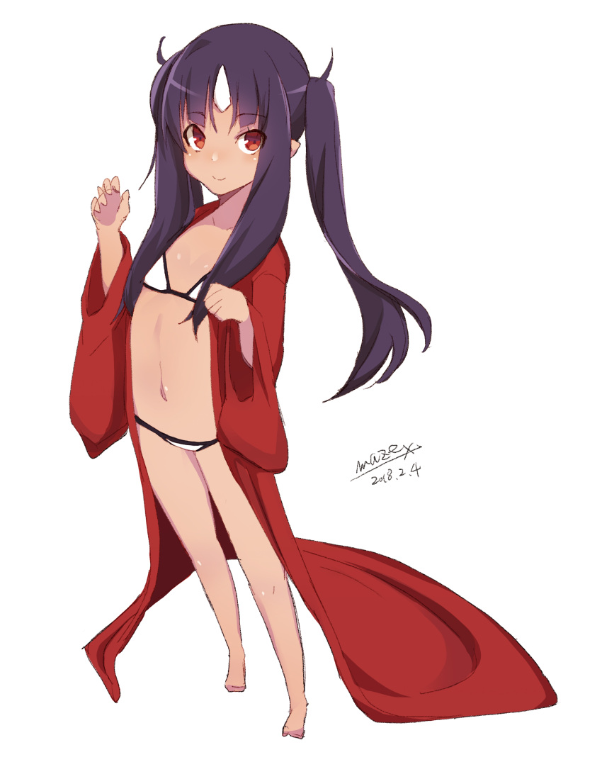 1girl absurdres bangs bare_legs barefoot bikini black_hair blush brown_eyes closed_mouth collarbone commentary_request dark_skin dated eyebrows_visible_through_hair full_body highres horn long_hair long_sleeves looking_at_viewer maze_(gochama_ze_gohan) navel original red_robe robe sidelocks signature simple_background sketch smile solo standing swimsuit twintails white_background white_bikini wide_sleeves