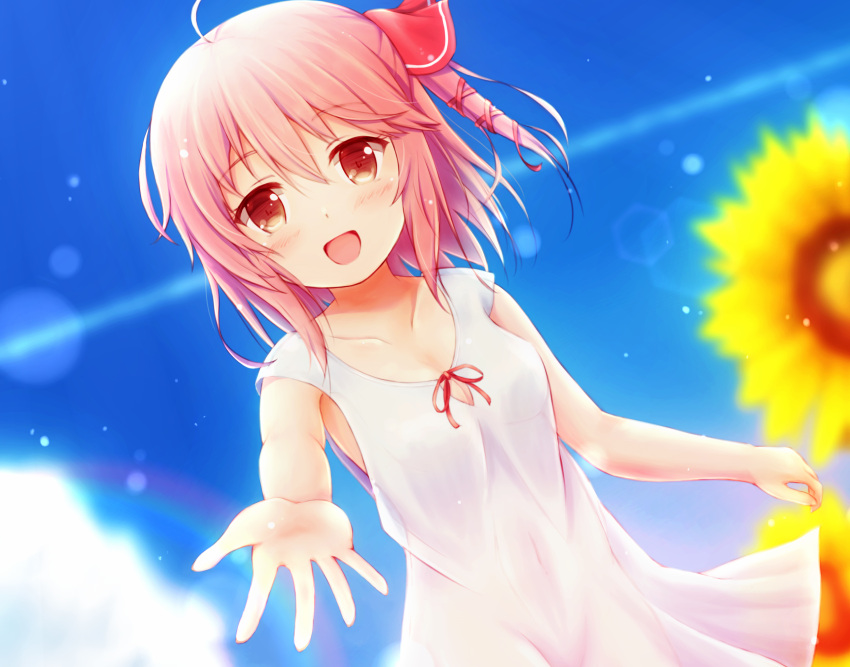 1girl :d ahoge blue_sky blurry_foreground blush breasts brown_eyes cleavage collarbone day dress dutch_angle eyebrows_visible_through_hair flower hair_between_eyes hair_ribbon highres lens_flare medium_breasts natsu_(927013) open_mouth original outdoors outstretched_arm pink_hair red_ribbon ribbon side_ponytail sky sleeveless sleeveless_dress smile solo standing sundress sunflower white_dress yellow_flower