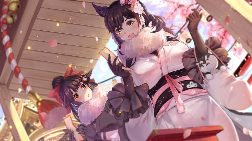 2girls :d :o animal animal_ears atago_(azur_lane) azur_lane bag blue_eyes blue_sky blunt_ends blurry blush bow breasts cherry_blossoms day depth_of_field dog elbow_gloves eyebrows_visible_through_hair flower frilled_sleeves frills fur_collar gloves greyscale hair_bow hair_flaps hair_flower hair_ornament high_ponytail highres holding in_bag in_container japanese_clothes kimono lantern large_breasts long_sleeves monochrome multiple_girls obi open_mouth outdoors paper_lantern petals pink_ribbon red_bow redhead ribbon rope sash shan-n shimenawa sky smile spring_(season) takao_(azur_lane) tareme two-handed underbust upper_body white_kimono wide_sleeves