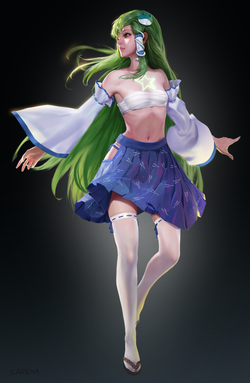 1girl bare_shoulders blue_skirt breasts detached_sleeves frilled_skirt frills frog_hair_ornament full_body hair_ornament hair_tubes highres kochiya_sanae long_hair looking_to_the_side navel nontraditional_miko sarashi sarena skirt small_breasts snake_hair_ornament solo star stomach thigh-highs touhou very_long_hair white_legwear wide_sleeves