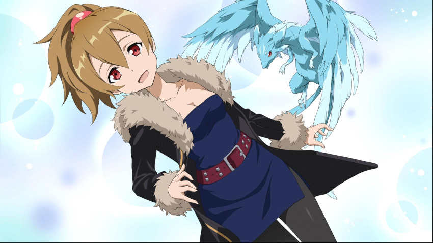 1girl :d belt black_legwear blue_dress breasts brown_hair cleavage collarbone cowboy_shot dragon dress dutch_angle fur_trim game_cg hair_between_eyes hair_ornament hand_on_hip high_ponytail highres long_hair looking_at_viewer official_art open_mouth pantyhose pina_(sao) red_eyes short_dress silica sleeveless sleeveless_dress small_breasts smile solo standing strapless strapless_dress sword_art_online:_fatal_bullet tube_dress