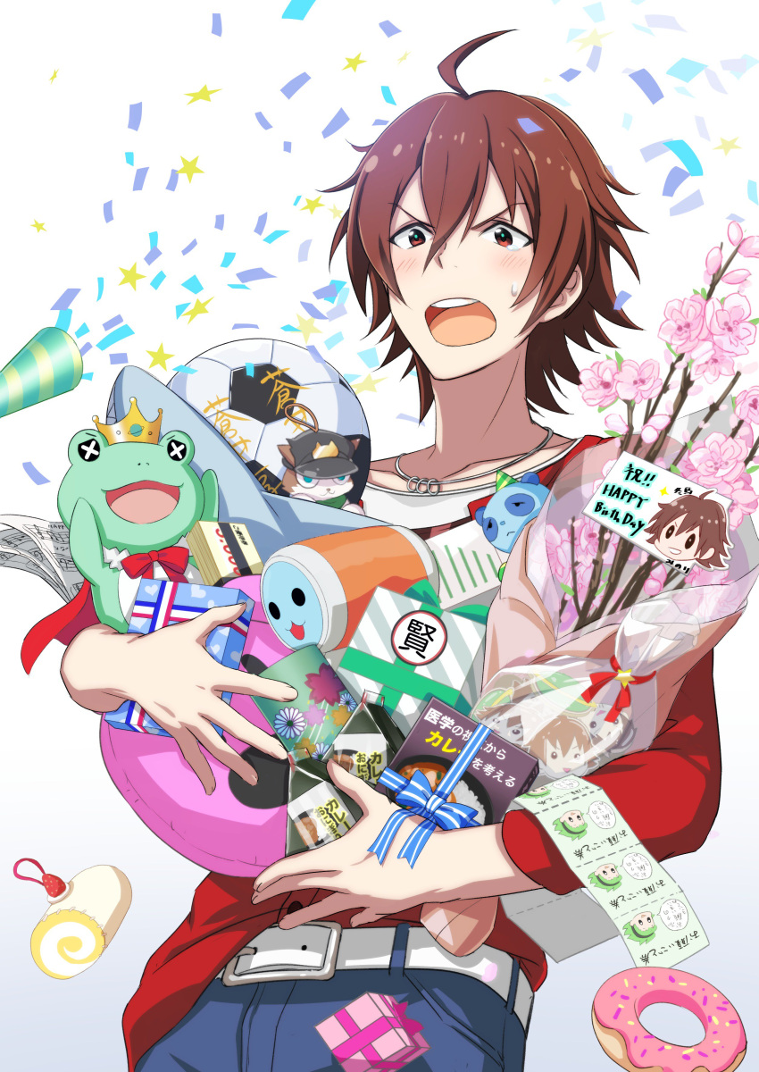 1boy absurdres ahoge amagase_touma ball belt bouquet box brown_hair carrying cherry_blossoms confetti cookie flower food gift gift_box happy_birthday highres idolmaster idolmaster_side-m jewelry kaerre keychain long_sleeves male_focus money necklace nyako_(idolmaster) party_popper red_shirt shirt soccer_ball solo stuffed_toy taiko_no_tatsujin wada_katsu