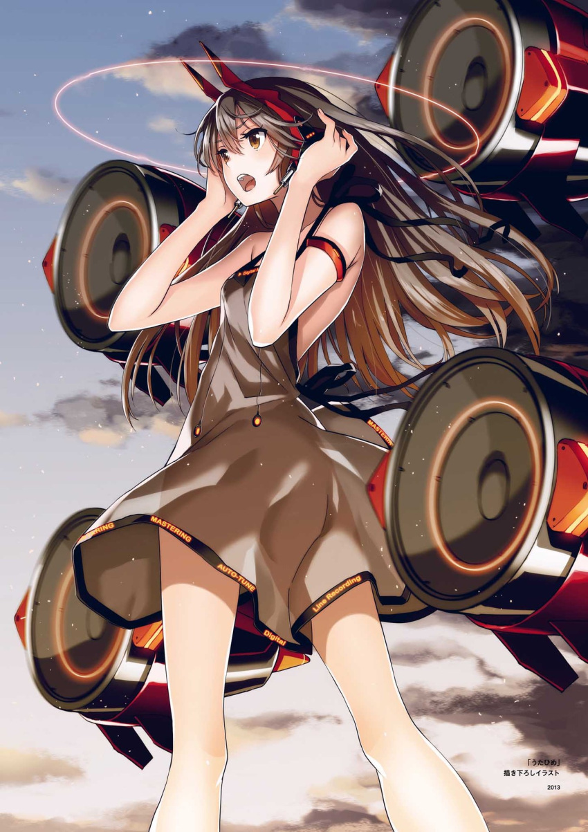 1girl 2013 armlet bad_id bad_yandere_id brown_dress brown_hair dress floating_hair hairband hands_on_headphones headphones highres horns long_hair open_mouth original outdoors red_hairband saitou_masatsugu see-through_silhouette short_dress sky sleeveless sleeveless_dress solo standing star_(sky) starry_sky