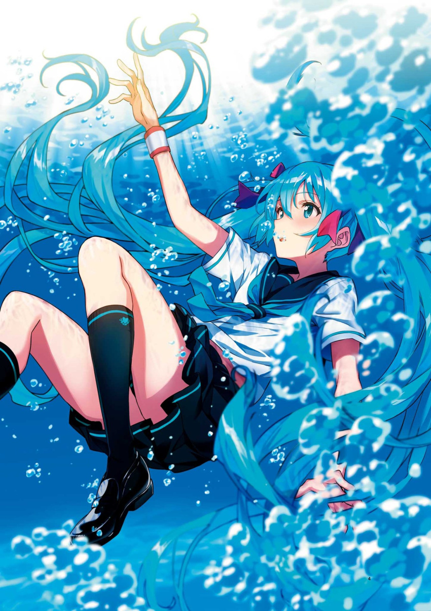 1girl absurdly_long_hair arm_up bad_id bad_yandere_id black_footwear black_legwear black_skirt blue_eyes blue_hair blue_neckwear bubble floating_hair hair_between_eyes hair_ribbon hatsune_miku highres kneehighs long_hair miniskirt neckerchief pleated_skirt red_ribbon ribbon saitou_masatsugu school_uniform serafuku shirt shoes short_sleeves skirt solo twintails underwater very_long_hair vocaloid white_shirt wrist_cuffs