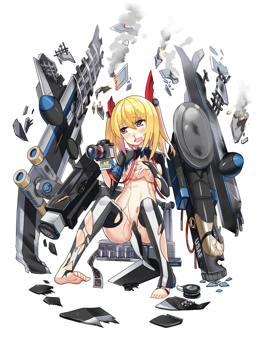 1girl absurdres black_legwear blonde_hair blood bloody_nose breasts camera character_request cleavage copyright_request highres holding holding_camera large_breasts medium_hair navel nosebleed qihai_lunpo red_eyes simple_background sitting solo thigh-highs torn_clothes torn_thighhighs white_background