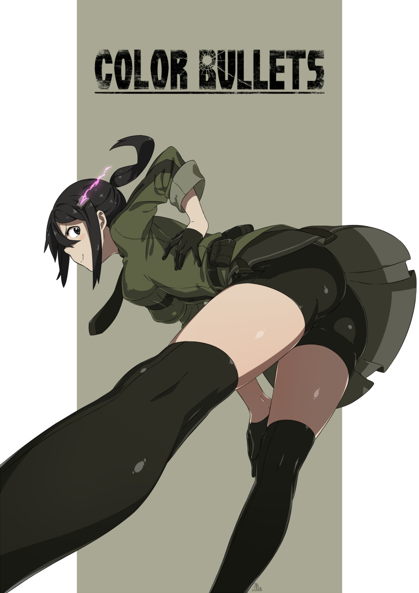 &gt;:) 1girl absurdres artist_name ass beckoning belt belt_pouch bent_over bike_shorts black_eyes black_gloves black_hair black_legwear black_neckwear blush_stickers breasts bullet_hole color_bullets english foreshortening from_behind gloves glowing green_shirt grey_background grey_skirt hand_on_own_knee headgear highres kamezaemon kozuki_nanako_(kamezaemon) long_hair long_sleeves looking_at_viewer looking_back medium_breasts original ponytail profile shiny shiny_skin shirt shorts_under_skirt skirt solo thigh-highs upskirt v-shaped_eyebrows
