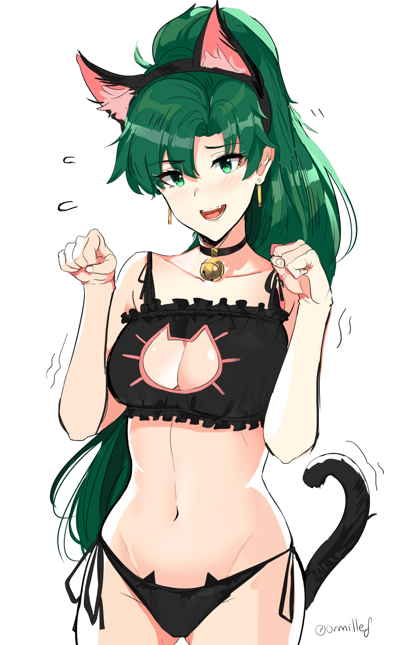 1girl absurdres animal_ears bangs bare_arms bare_shoulders bell bell_choker black_bra black_choker black_hairband blush bra breasts cat_cutout cat_day cat_ear_panties cat_ears cat_lingerie cat_tail choker cleavage_cutout collarbone cowboy_shot dotentity eyelashes fake_animal_ears fire_emblem fire_emblem:_rekka_no_ken flying_sweatdrops frilled_bra frills gluteal_fold green_eyes green_hair hairband hands_up high_ponytail highres jingle_bell long_hair looking_at_viewer lyndis_(fire_emblem) meme_attire motion_lines navel panties paw_pose ponytail side-tie_panties simple_background standing stomach tail twitter_username underwear white_background