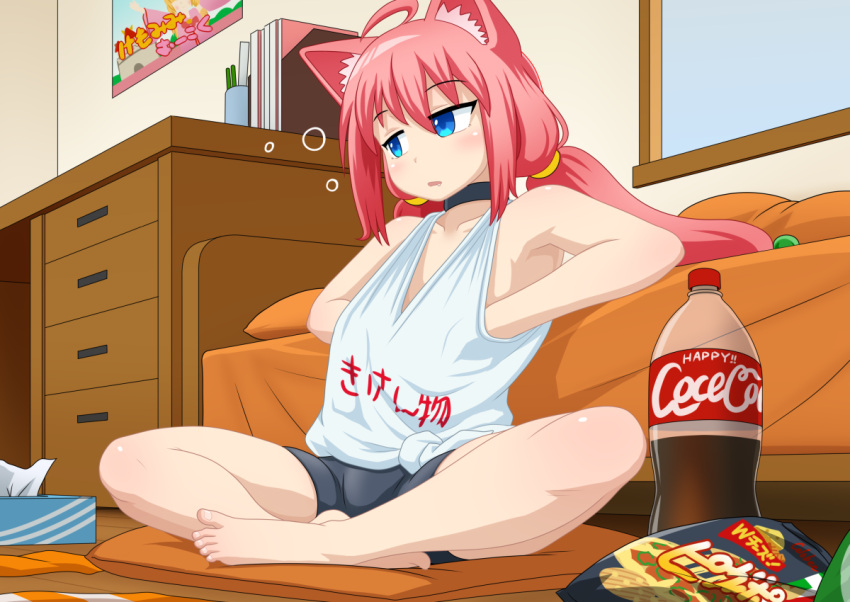 1girl ahoge animal_ears barefoot bedroom blue_eyes cat_ears chips choker coca-cola commentary_request flat_chest food hand_under_clothes hand_under_shirt hinata_channel indian_style iromeki_overdrive long_hair low_twintails nekomiya_hinata pillow pink_hair potato_chips shirt shorts sitting solo tank_top tissue_box twintails