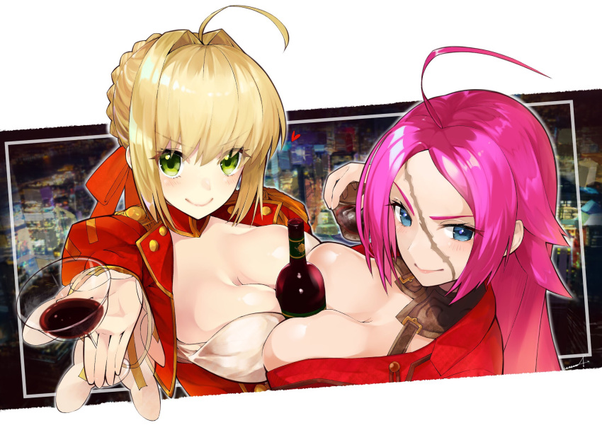 2girls ahoge alcohol between_breasts blonde_hair blue_eyes bottle breast_press breasts cleavage closed_mouth cup drinking_glass epaulettes facial_scar fate/extra fate_(series) francis_drake_(fate) green_eyes highres large_breasts long_hair looking_at_viewer multiple_girls nero_claudius_(fate) nero_claudius_(fate)_(all) pink_hair scar short_hair smile symmetrical_docking utayoi_(umakatare) wine wine_bottle wine_glass