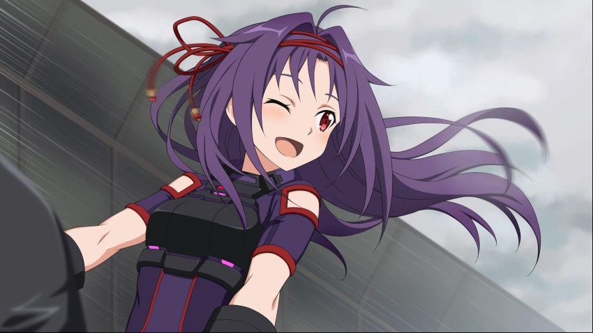 1girl ;d ahoge black_gloves breastplate breasts clouds cloudy_sky elbow_gloves floating_hair from_below game_cg gloves hair_ribbon highres long_hair looking_back official_art one_eye_closed open_mouth outdoors purple_hair purple_shirt red_eyes red_ribbon ribbon riding shirt short_sleeves sky small_breasts smile solo sword_art_online:_fatal_bullet upper_body very_long_hair yuuki_(sao)