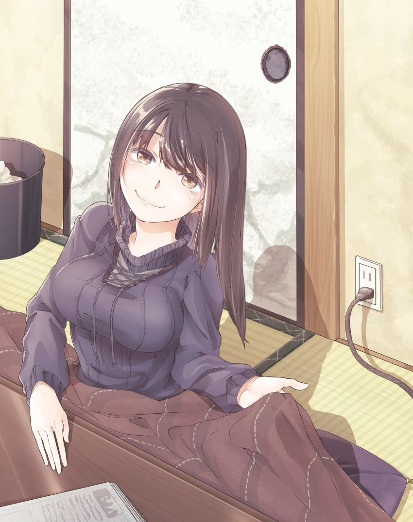 1girl absurdres artist_request black_hair breasts brown_eyes closed_mouth commentary_request highres indoors kotatsu large_breasts long_hair long_sleeves looking_at_viewer original smile sweater table tatami under_kotatsu under_table