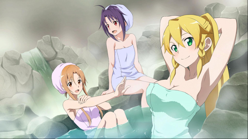 3girls :d ahoge armpits arms_behind_back asuna_(sao) blonde_hair blue_towel blush breasts brown_hair cleavage collarbone game_cg green_eyes green_towel hair_between_eyes high_ponytail highres large_breasts leafa long_hair medium_breasts multiple_girls naked_towel official_art onsen open_mouth outdoors outstretched_arm partially_submerged pink_towel purple_hair red_eyes short_hair_with_long_locks side_braids sidelocks sitting small_breasts smile soaking_feet sword_art_online:_fatal_bullet towel towel_on_head very_long_hair water yuuki_(sao)