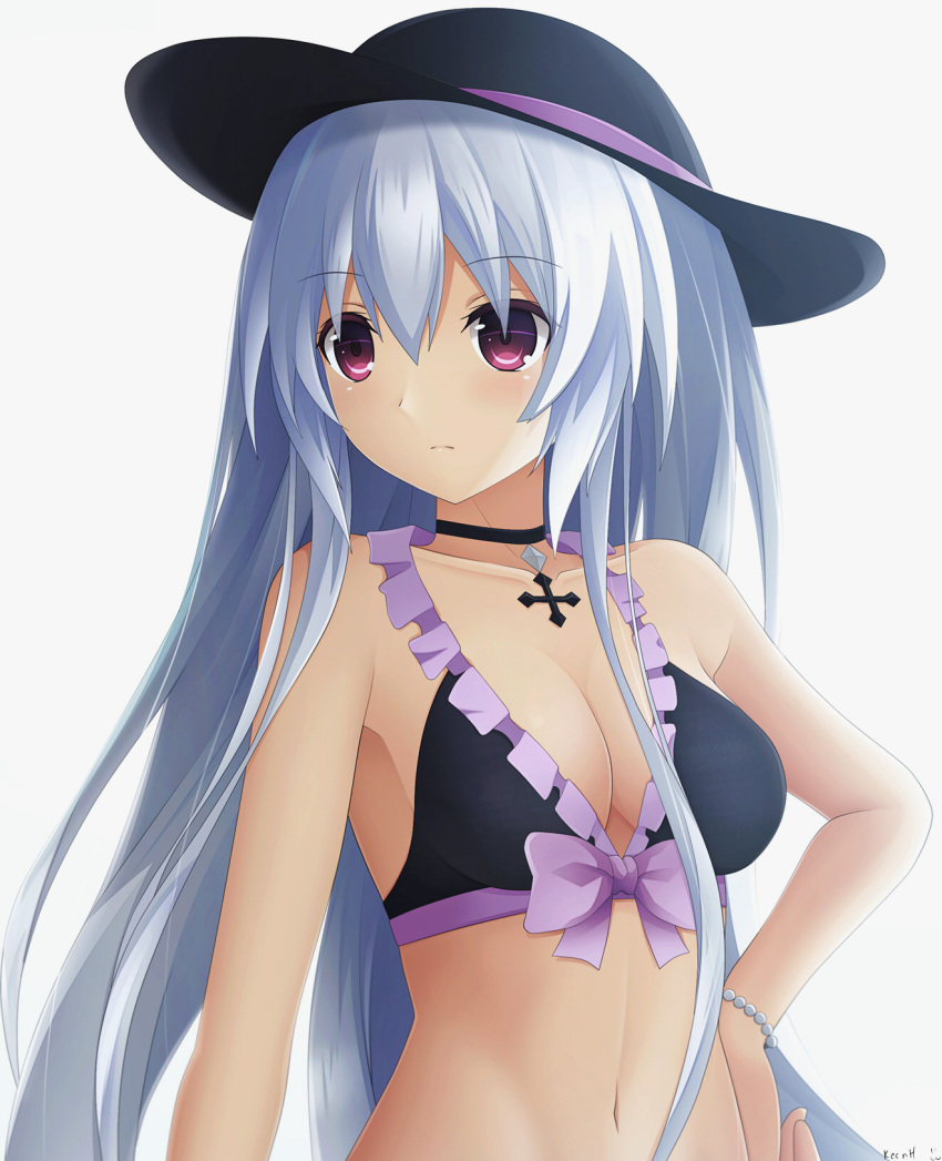 1girl arm_at_side artist_name bangs bikini black_bikini black_choker black_hat bow breasts choker cleavage closed_mouth collarbone expressionless eyebrows_visible_through_hair fairy_fencer_f frilled_bikini frills front-tie_bikini front-tie_top hand_on_hip hat highres jewelry keenh long_hair looking_away looking_to_the_side medium_breasts navel pendant purple_bow silver_hair simple_background solo stomach straight_hair sun_hat swimsuit tareme tiara_(fairy_fencer_f) upper_body violet_eyes white_background