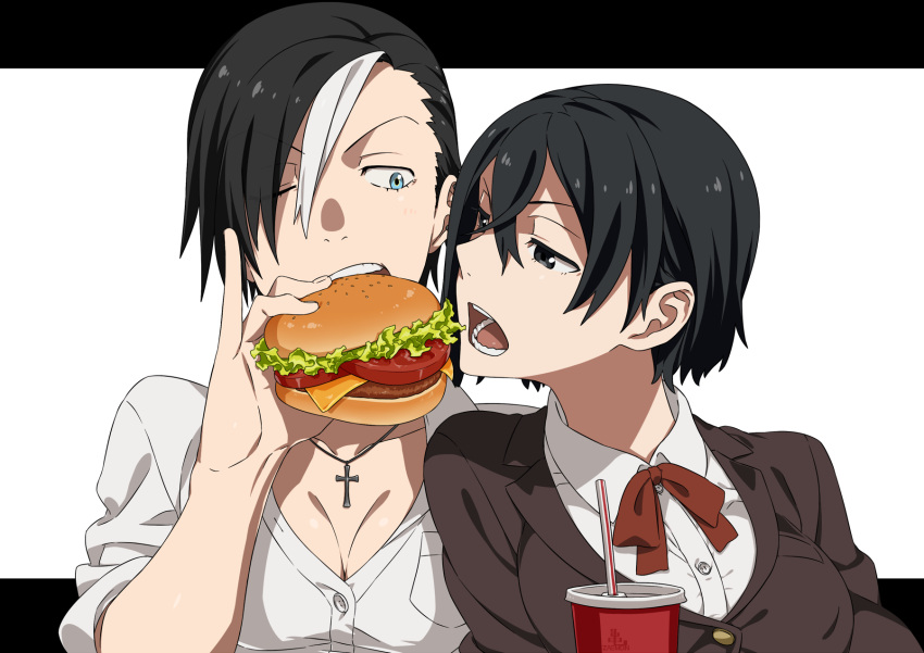 2girls black_eyes black_hair black_hood blazer blue_eyes blush breasts brown_jacket buttons cheese cleavage collarbone cross cross_necklace dress_shirt drinking_straw eating food food_theft hair_between_eyes hair_over_one_eye hamburger highres holding holding_food jacket jewelry kamezaemon letterboxed meat medium_breasts multicolored_hair multiple_girls necklace one_eye_closed original paper_cup pendant pinky_out salad sanpaku school_uniform shirt simple_background streaked_hair teeth tomato upper_body v-shaped_eyebrows white_background white_hair white_shirt