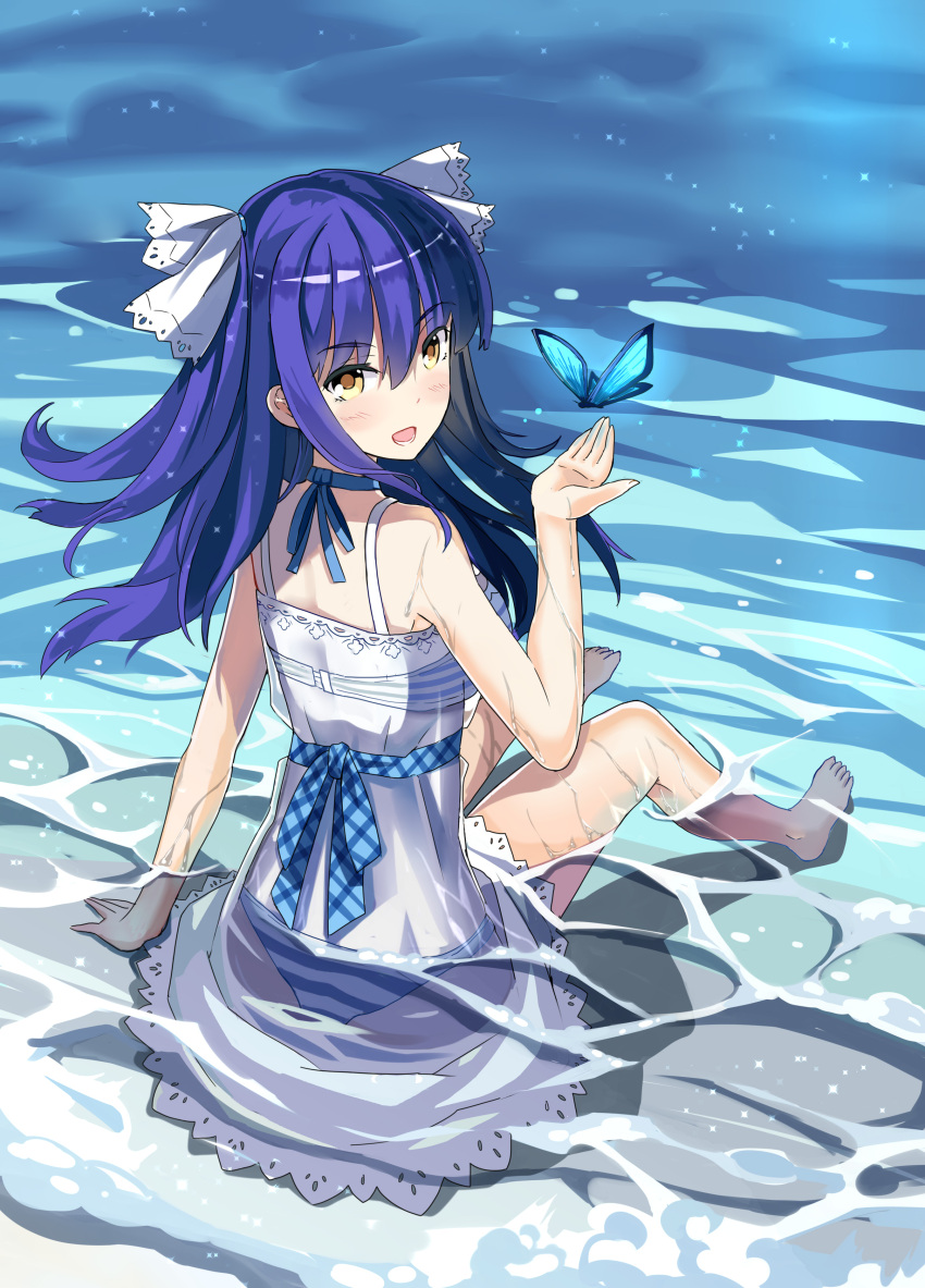 1girl absurdres barefoot blue_hair blush butterfly character_request copyright_request dress eyebrows_visible_through_hair from_behind highres long_hair looking_at_viewer open_mouth qihai_lunpo sitting smile solo water white_dress yellow_eyes