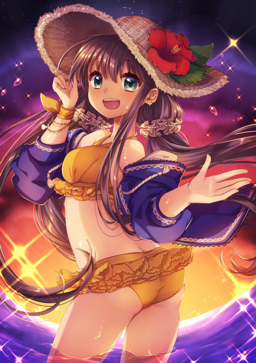 1girl :d ass bikini blue_jacket breasts brown_hair brown_hat brown_scrunchie cowboy_shot eyebrows_visible_through_hair floating_hair flower green_eyes hair_between_eyes hair_ornament hair_scrunchie hat hat_flower hibiscus highres holding holding_hat huziimiyuu jacket long_hair looking_at_viewer looking_back medium_breasts night off_shoulder open_mouth original outdoors red_flower ribbon scrunchie shiny shiny_skin sky smile solo standing star_(sky) starry_sky straw_hat swimsuit twintails very_long_hair water wrist_ribbon yellow_bikini