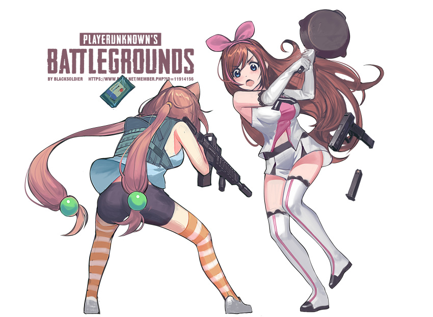 2girls a.i._channel absurdres animal_ears backpack bag bare_shoulders bike_shorts black_shorts black_soldier blue_eyes blue_shirt blush boots breasts brown_hair cat_ears clip commentary_request crossover elbow_gloves frying_pan gloves gun gun_request hair_ribbon handgun highres hinata_channel holding holding_gun holding_weapon kizuna_ai large_breasts long_hair low_twintails multicolored_hair multiple_girls nekomiya_hinata open_mouth pink_hair pink_ribbon pistol playerunknown's_battlegrounds ribbon shirt shoes short_shorts shorts simple_background sleeveless sleeveless_shirt standing standing_on_one_leg streaked_hair striped striped_legwear suppressor thigh-highs thigh_boots twintails very_long_hair weapon white_background white_footwear white_gloves white_legwear white_shirt white_shorts