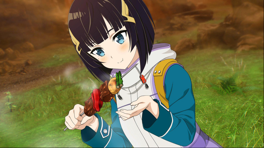 1girl black_hair blue_eyes blush day food game_cg hair_ornament highres holding holding_food official_art outdoors premiere_(sao) short_hair smile solo steam sweater sword_art_online:_fatal_bullet upper_body