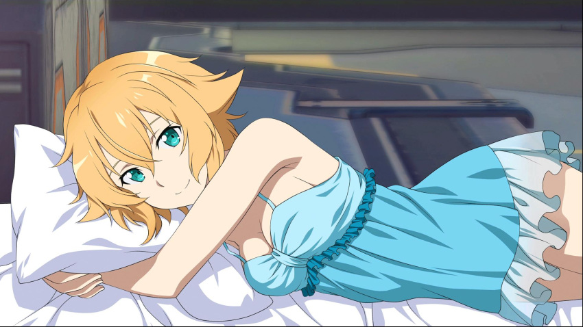 1girl aqua_eyes bed_sheet blonde_hair blue_dress breasts cleavage dress game_cg hair_between_eyes highres indoors looking_at_viewer lying medium_breasts official_art on_side philia_(sao) pillow pillow_hug see-through_silhouette short_dress short_hair sideboob sleeveless sleeveless_dress smile solo sword_art_online:_fatal_bullet