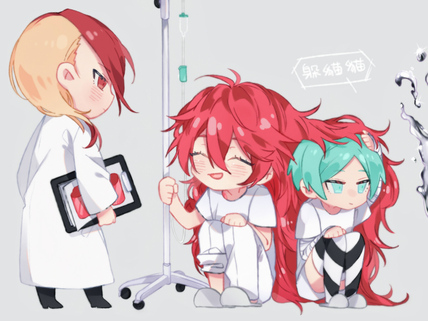 alternate_costume androgynous aqua_eyes aqua_hair bandage blonde_hair chibi clipboard closed_eyes contemporary green_eyes green_hair houseki_no_kuni labcoat long_hair morino_itsuki multicolored_hair padparadscha_(houseki_no_kuni) phosphophyllite red_eyes redhead rutile_(houseki_no_kuni) short_hair sitting slippers smile thigh-highs very_long_hair