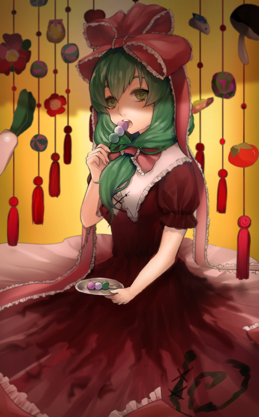 1girl bent_elbow collar collared_dress commentary_request dango dress eating eyelashes flower food frilled_collar frilled_ribbon frills front_ponytail green_eyes green_hair hair_ribbon highres hinamatsuri holding holding_foot holding_plate kagiyama_hina looking_at_viewer open_mouth plate red_dress red_ribbon ribbon shachi_zi shaded_face solo teeth touhou upper_body wagashi yellow_background