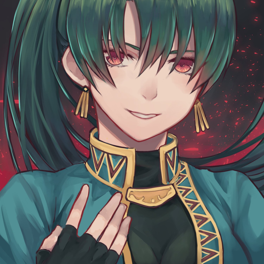 1girl artist_request dark_persona evil_smile fire_emblem fire_emblem:_rekka_no_ken fire_emblem_heroes green_eyes green_hair high_ponytail highres long_hair looking_at_viewer lyndis_(fire_emblem) ponytail red_eyes smile solo
