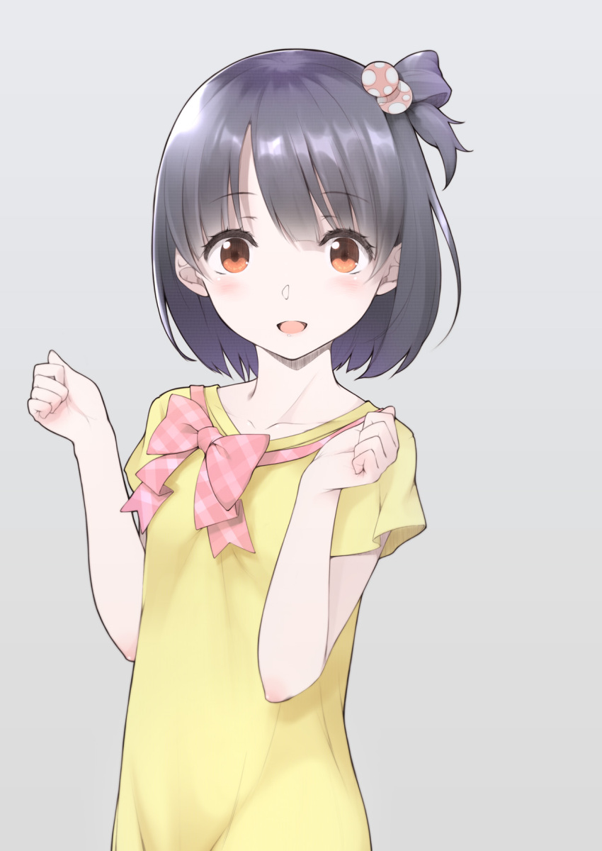1girl :d black_hair blush brown_eyes collarbone commentary_request eyebrows_visible_through_hair hair_ornament highres idolmaster idolmaster_million_live! looking_at_viewer nakatani_iku ooji open_mouth short_hair side_ponytail simple_background smile solo upper_body