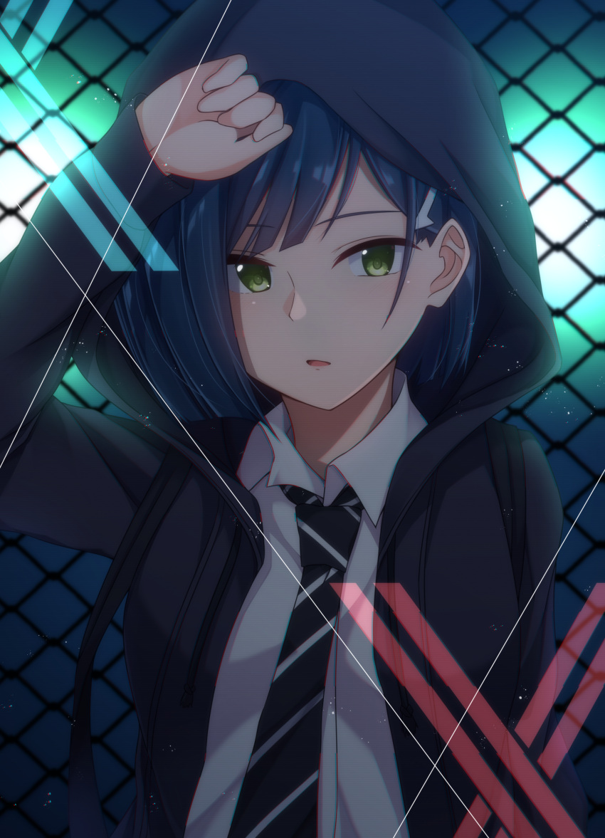 1girl absurdres bangs black_rabbit blue_hair blush chain-link_fence commentary_request darling_in_the_franxx fence green_eyes hair_ornament hairclip highres hood hoodie ichigo_(darling_in_the_franxx) looking_at_viewer necktie short_hair solo