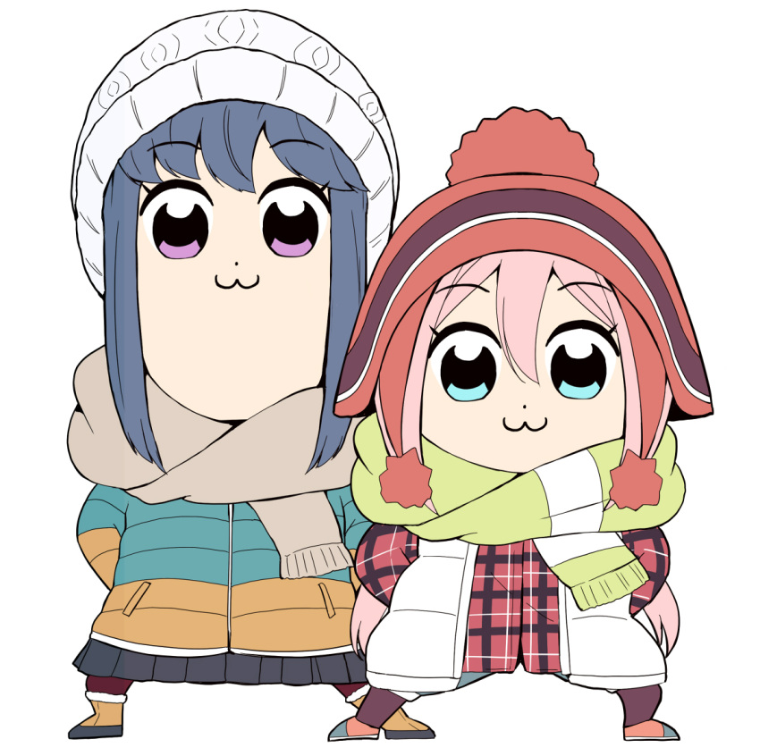 2girls :3 aikawa_ryou arms_behind_back beanie black_skirt blue_eyes blue_hair blue_shorts brown_footwear brown_hat brown_legwear brown_scarf closed_mouth commentary_request fringe fur-trimmed_boots fur_trim green_scarf hat jacket kagamihara_nadeshiko long_sleeves looking_at_viewer multiple_girls pantyhose parody pink_hair plaid plaid_jacket pleated_skirt poptepipic red_jacket scarf shima_rin short_shorts shorts sidelocks simple_background skirt standing style_parody vest violet_eyes white_background white_hat white_vest yurucamp