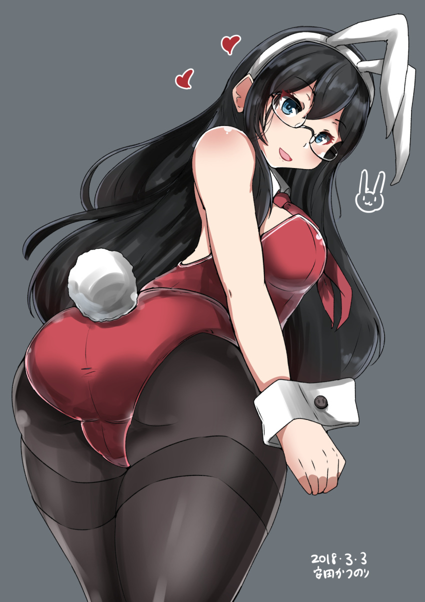 1girl animal_ears ass bare_shoulders black_hair blue_eyes breasts bunny_girl bunny_tail bunnysuit dated detached_collar fake_animal_ears grey_background heart highres kantai_collection leotard long_hair looking_at_viewer looking_back ooyodo_(kantai_collection) open_mouth pantyhose rabbit_ears red_leotard semi-rimless_eyewear small_breasts smile solo strapless strapless_leotard tail thighband_pantyhose wrist_cuffs yasuda_katsunori