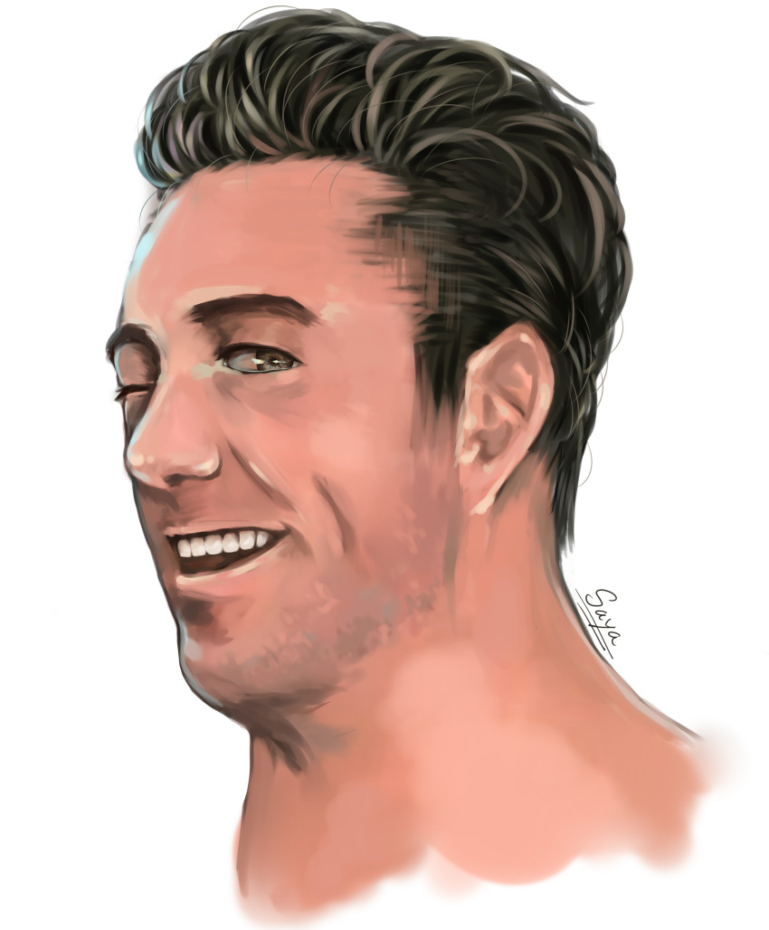 1boy :d absurdres billy_herrington brown_hair commentary face facial_hair gachimuchi green_eyes hair_slicked_back highres looking_at_viewer male_focus one_eye_closed open_mouth portrait saya_hi10_(saya) signature smile solo stubble teeth upper_teeth