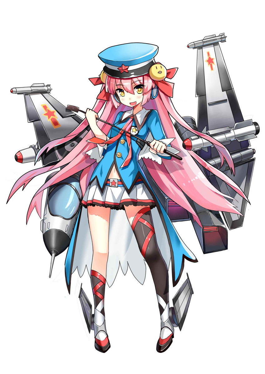 1girl absurdly_long_hair absurdres black_legwear blue_hat blush character_request copyright_request eyebrows_visible_through_hair full_body hat hat_ribbon highres kneehighs long_hair looking_at_viewer navel open_mouth pink_hair qihai_lunpo red_ribbon ribbon skirt smile solo thigh-highs very_long_hair white_skirt yellow_eyes
