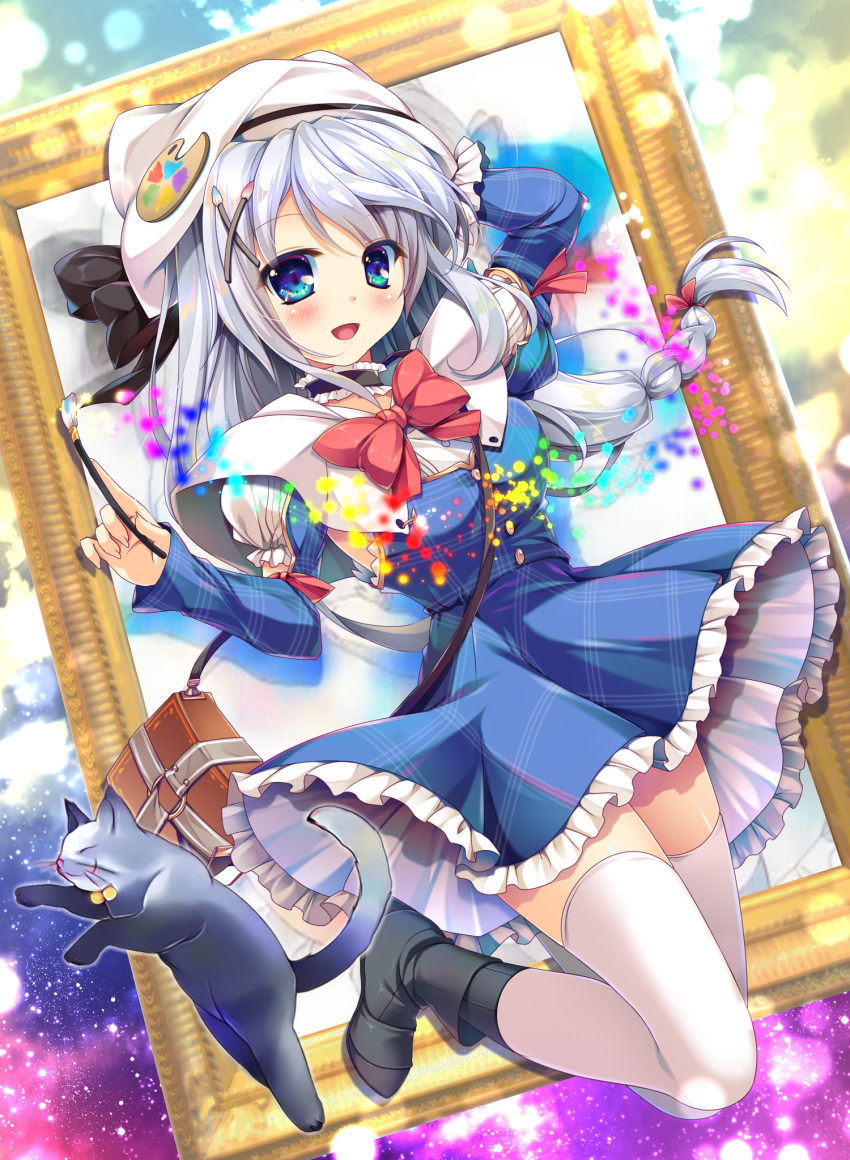 1girl :d black_bow blue_dress blue_eyes blush bow bowtie braid cat dress evemoina eyebrows_visible_through_hair floating_hair frilled_dress frills full_body hair_between_eyes hair_bow hair_ornament hair_ribbon hand_on_headwear hat highres holding_brush jumping long_hair looking_at_viewer open_mouth original ponytail red_bow red_neckwear red_ribbon ribbon shiny shiny_skin short_dress silver_hair smile solo thigh-highs very_long_hair white_hat white_legwear